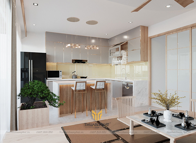 Tủ bếp inox cánh kính kèm bàn đảo