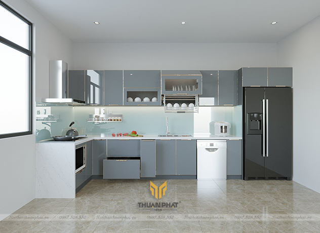 Tủ bếp inox cánh kính cường lực màu ghi có cửa sổ
