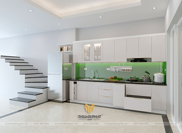 Tủ bếp inox cánh kính cường lực với "Bàn Đảo" siêu rộng