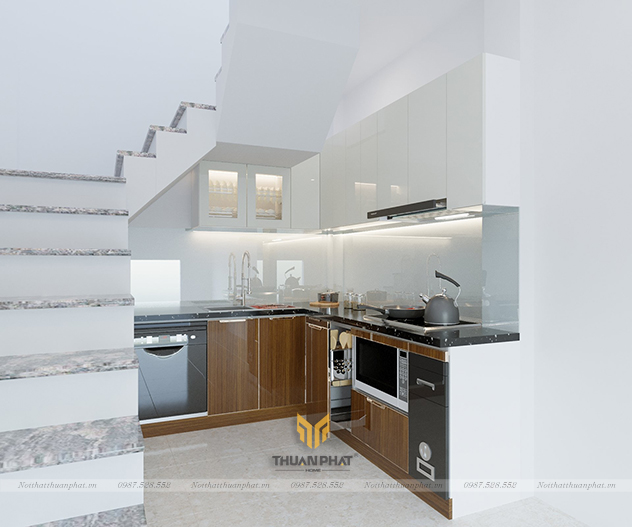 Tủ bếp inox cánh kính dưới gầm cầu thang