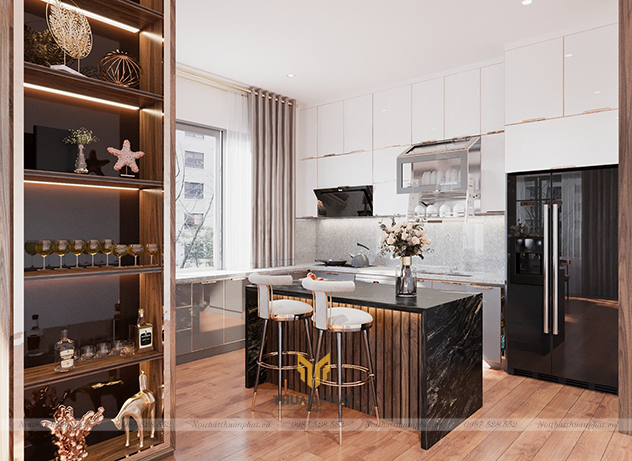 Tủ bếp inox cánh kính cường lực cao kịch trần