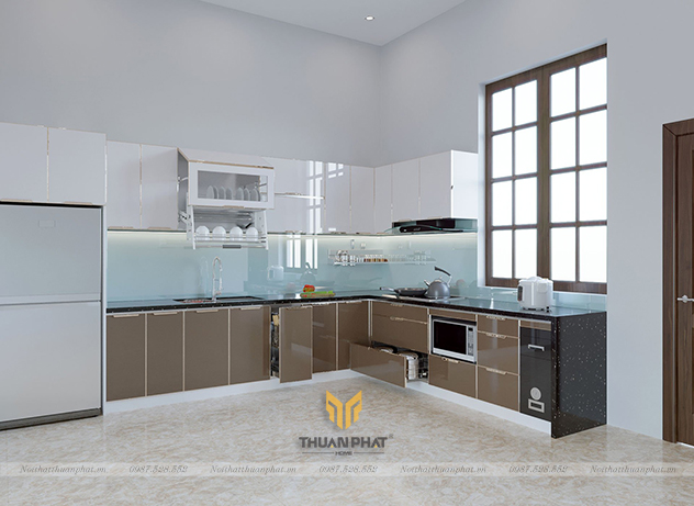 Tủ bếp inox cánh kính có cửa sổ