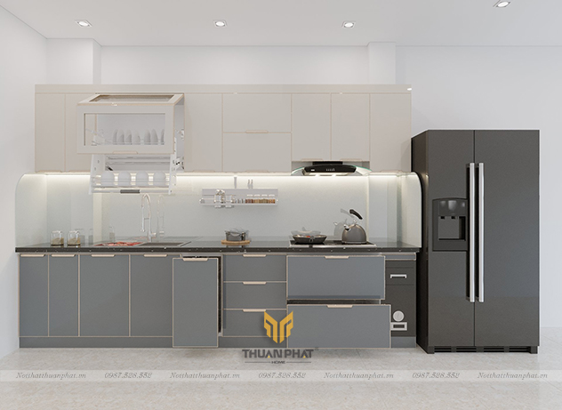 Tủ bếp inox cánh kính dưới cầu thang