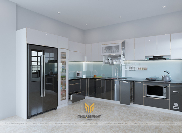 Tủ bếp inox cánh kính ghi xám + trắng