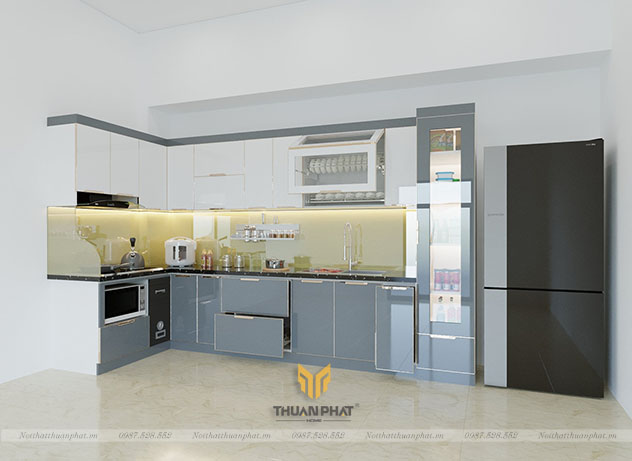 Tủ bếp inox cánh kính cường lực màu ghi nhạt