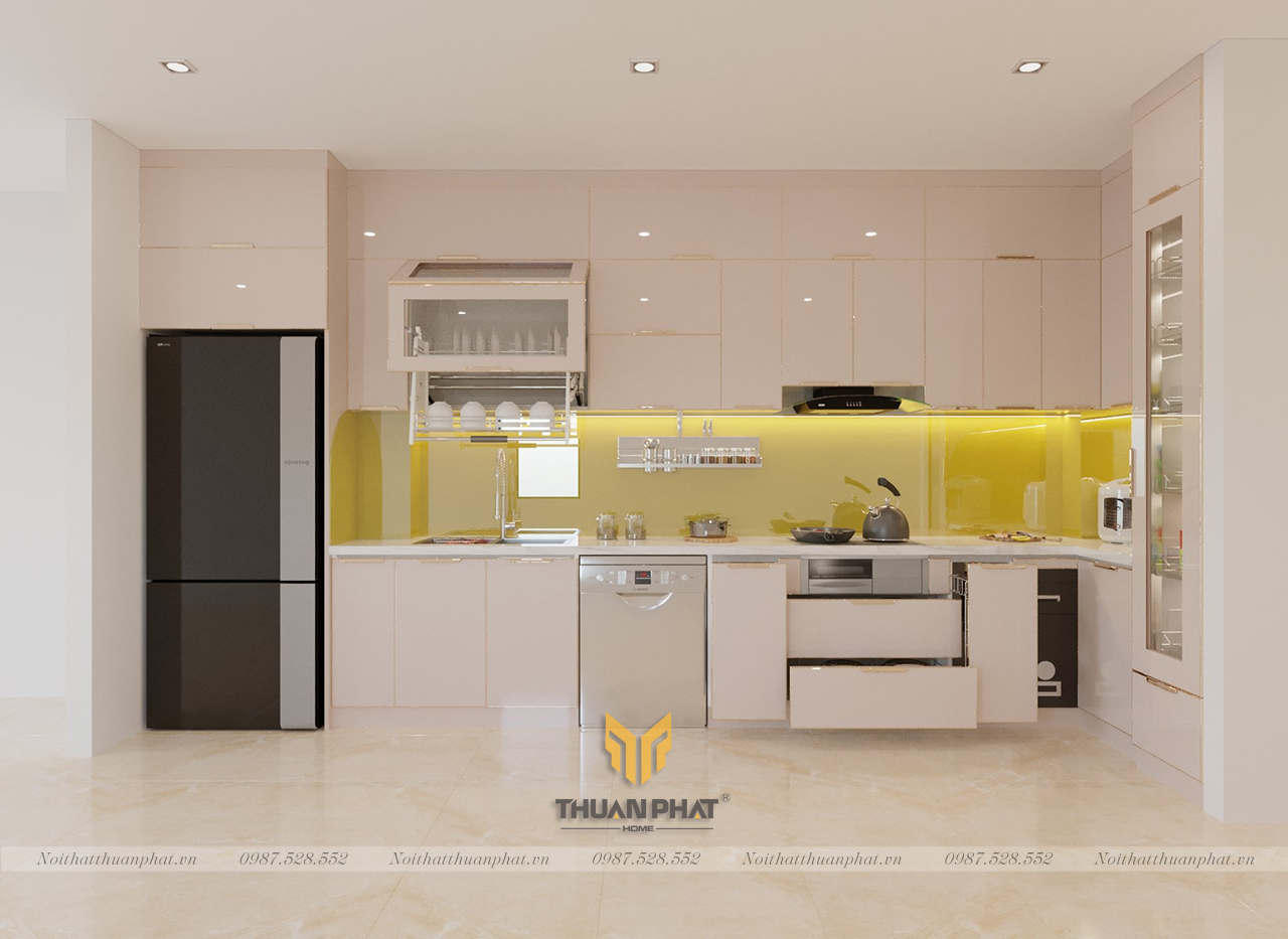 Tủ bếp inox cánh kính màu be đơn giản mà đẹp