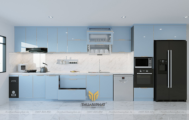 Tủ bếp inox cánh kính cường lực xanh hiện đại