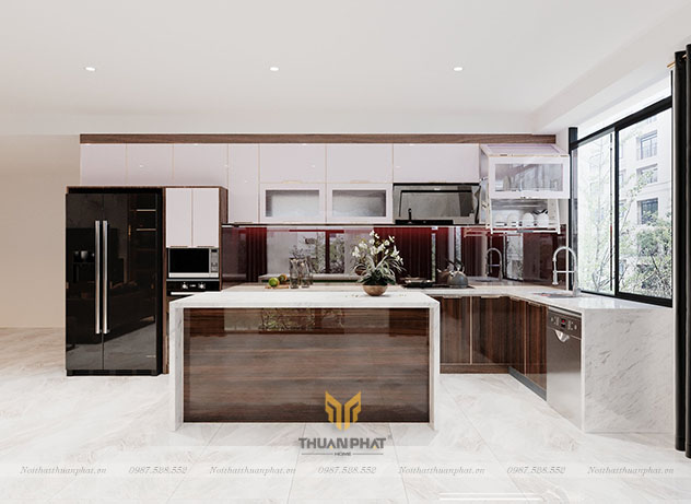Tủ bếp inox cánh kính kèm bàn đảo