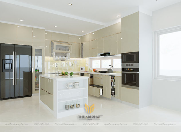 Tủ bếp inox cánh kính màu be sữa có bàn đảo