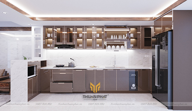 Tủ bếp inox cánh kính cường lực nâu cà phê