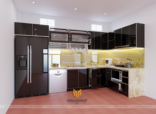 Tủ bếp inox cánh kính màu đen độc lạ