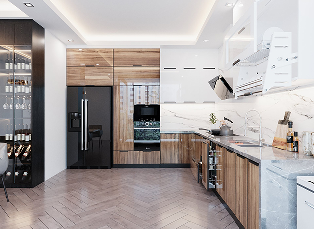 Tủ bếp inox cánh kính cường lực vân gỗ