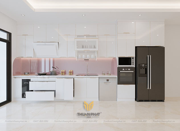 Tủ bếp inox cánh kính cường lực màu trắng