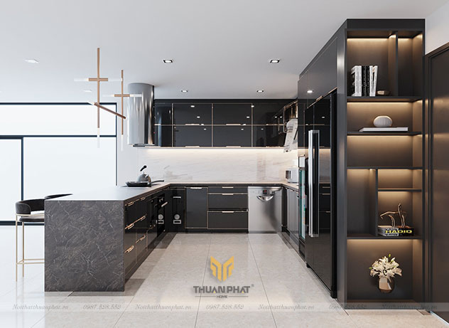 Tủ bếp inox cánh kính cường lực màu đen huyền bí