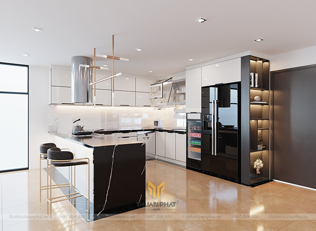 Tủ bếp inox cánh kính cường lực đen + trắng IK87