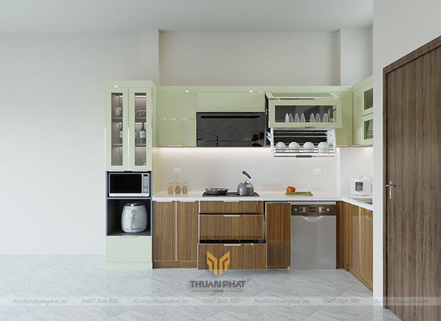 Tủ bếp inox cánh kính cường lực trắng xanh + vân gỗ