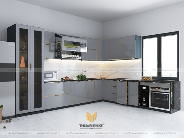 Tủ bếp inox cánh kính cường lực màu Ghi Xám