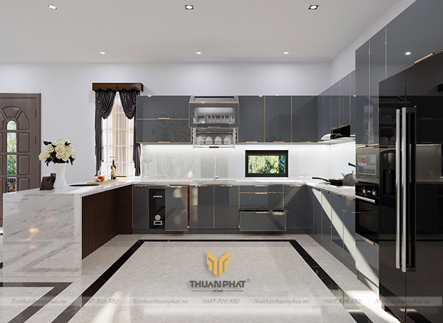 Tủ bếp inox cánh kính cường lực màu trắng kèm "quầy bar"